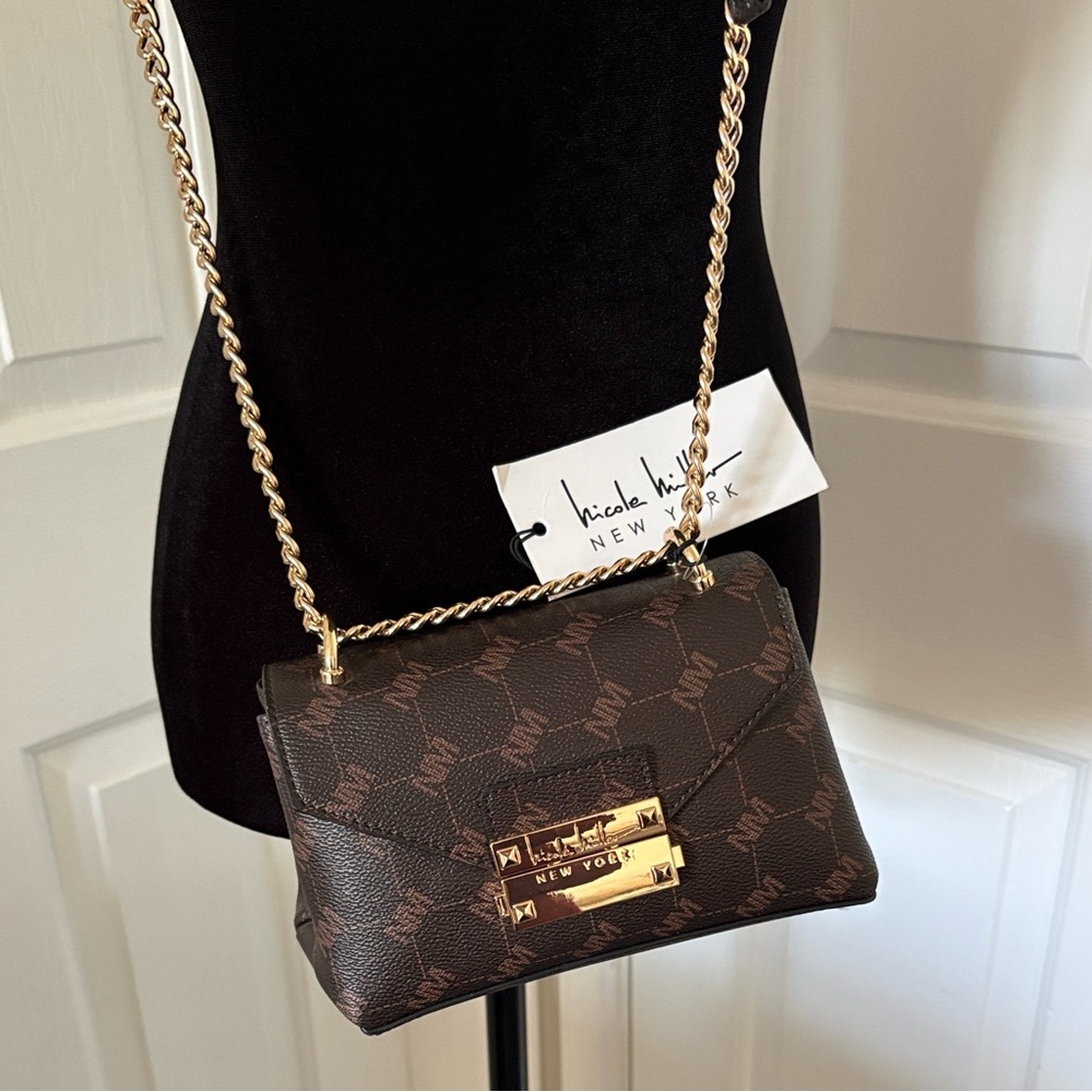 Nicole Miller Brown Logo Print Chain Shoulder Bag